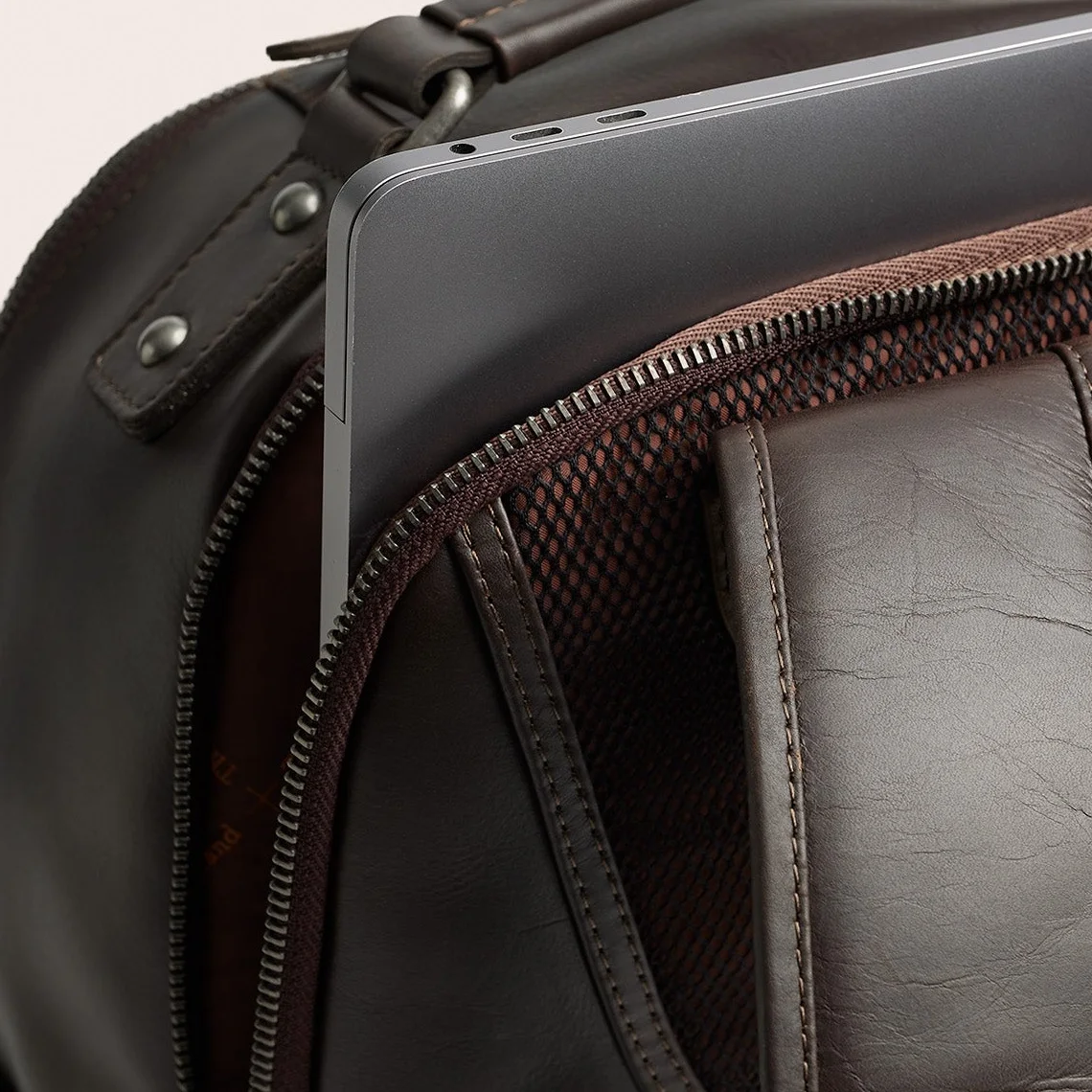 Brown Austin leather laptop backpack, view 2