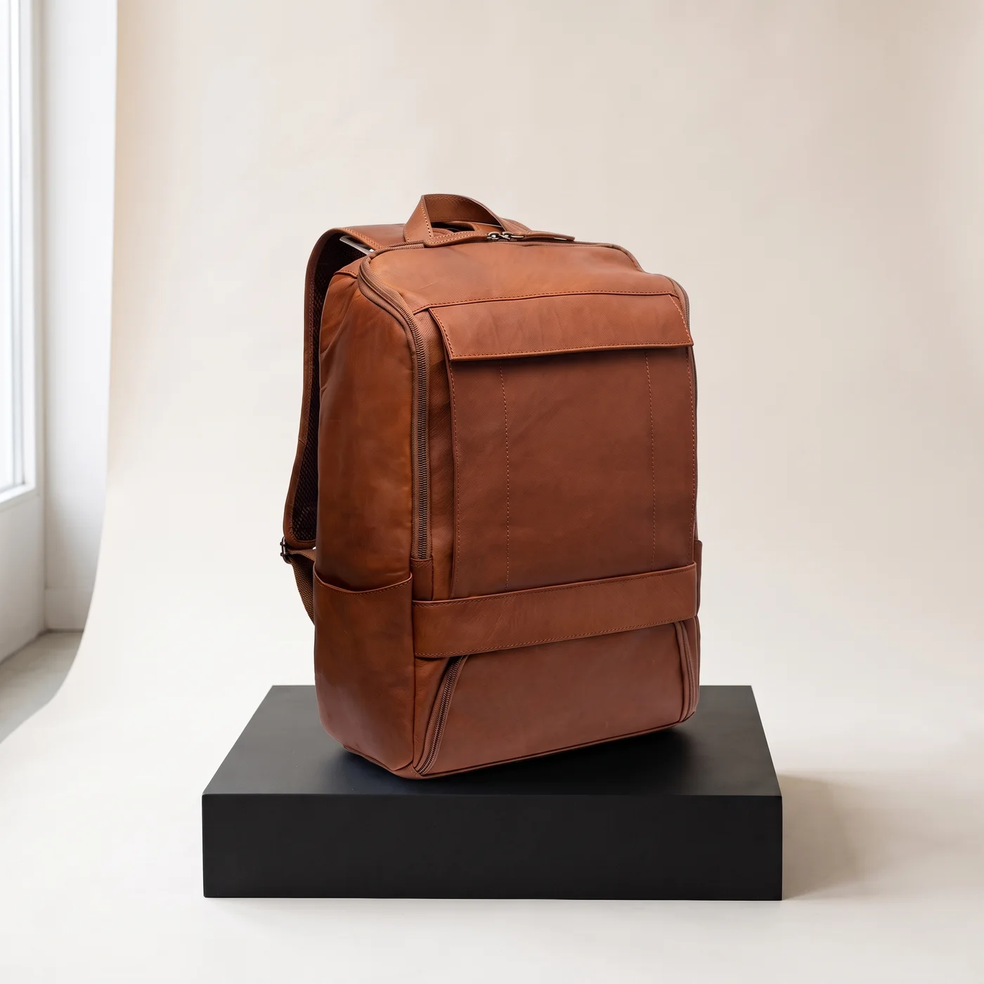 Cognac Rich leather laptop backpack