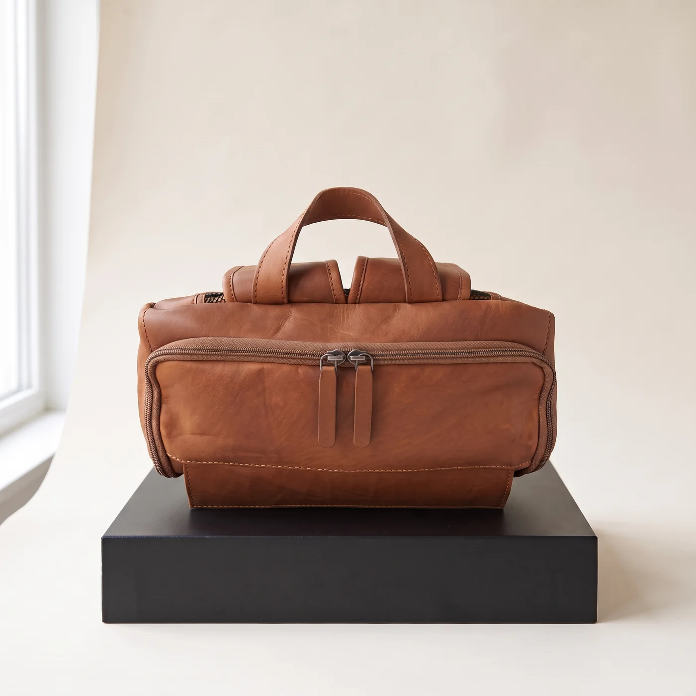 Cognac Rich leather laptop backpack, view