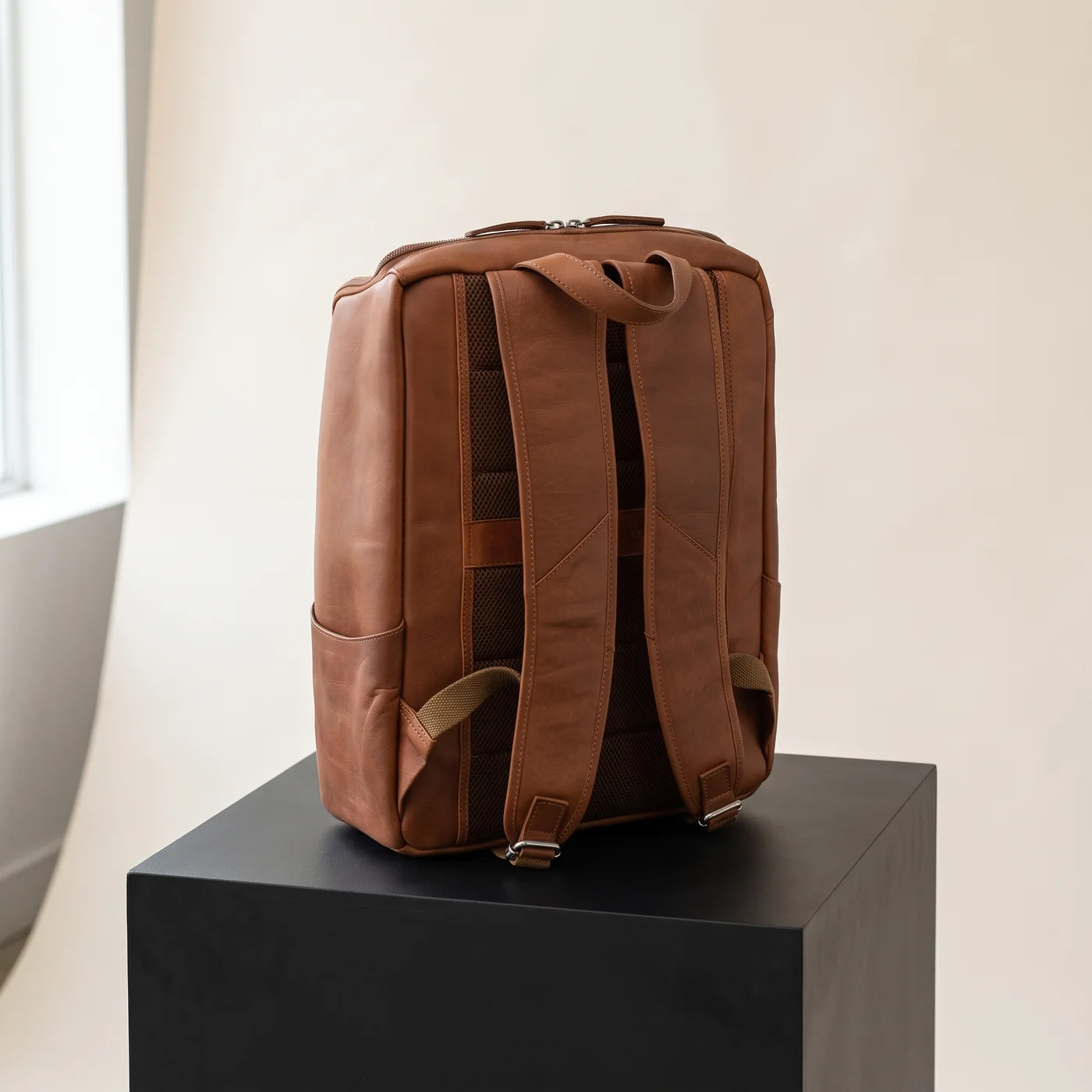 Cognac Rich leather laptop backpack, view