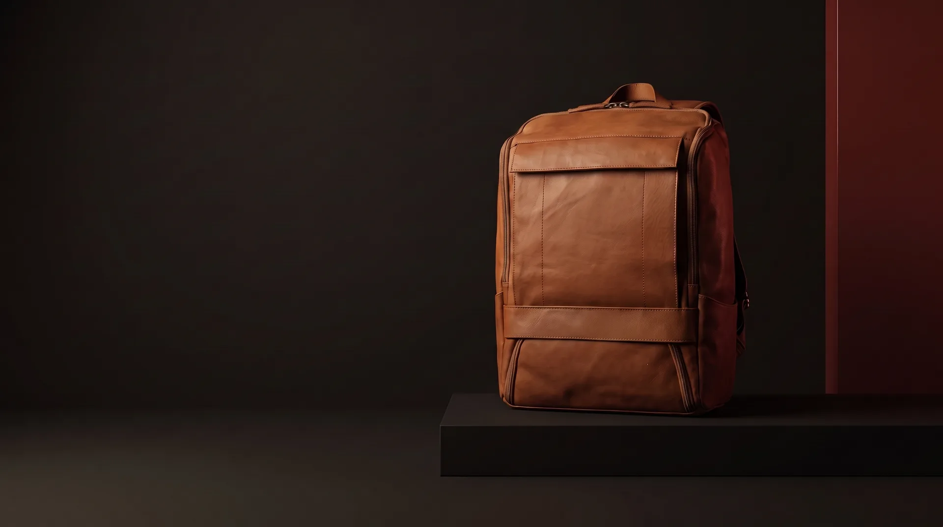 Cognac Rich leather laptop backpack, view 1