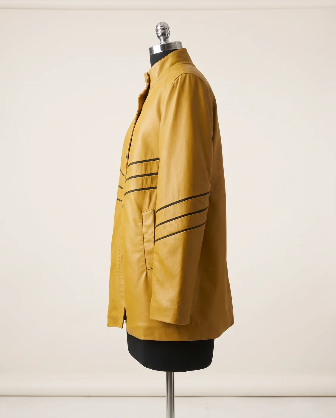 Mustard Yellow Panelled Stand-Collar Leather Coat, view