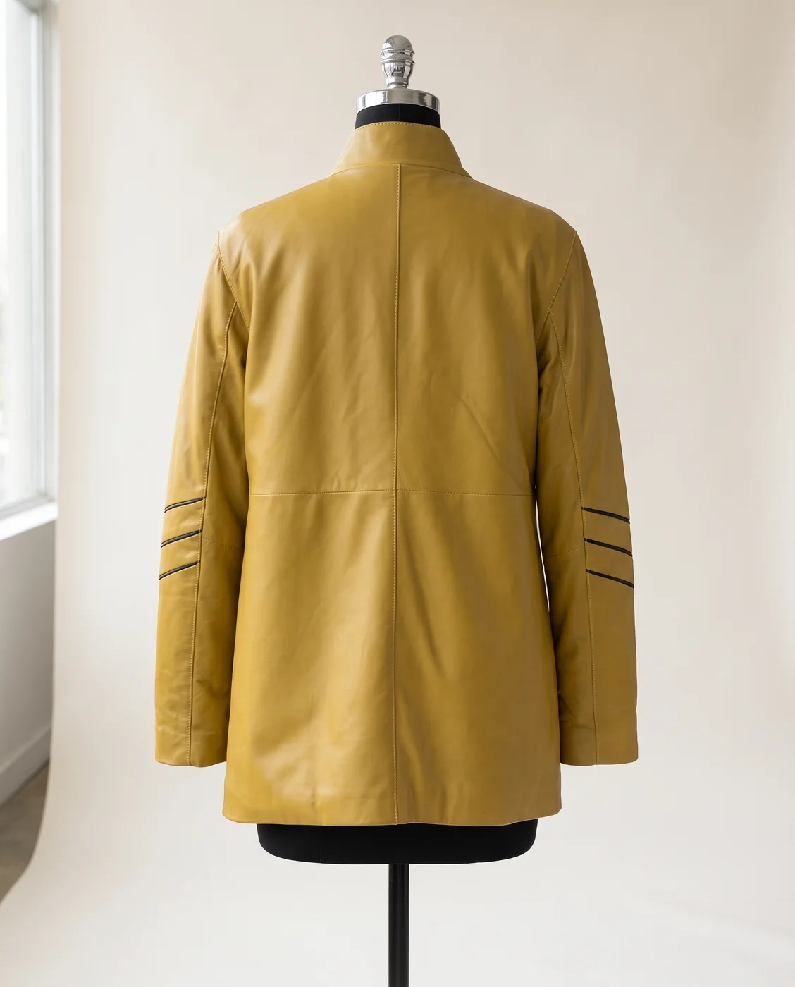 Mustard Yellow Panelled Stand-Collar Leather Coat, view