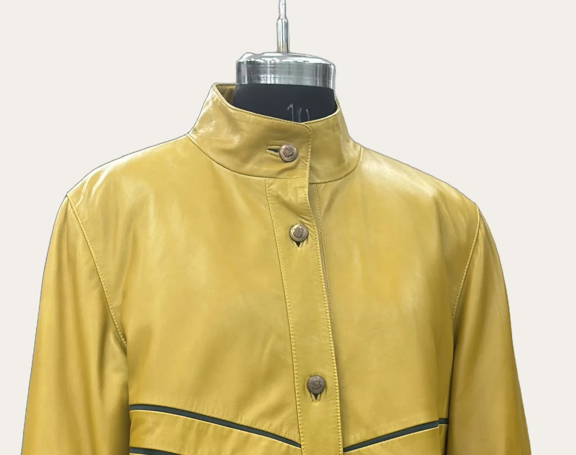 Mustard Yellow Panelled Stand-Collar Leather Coat, view 2
