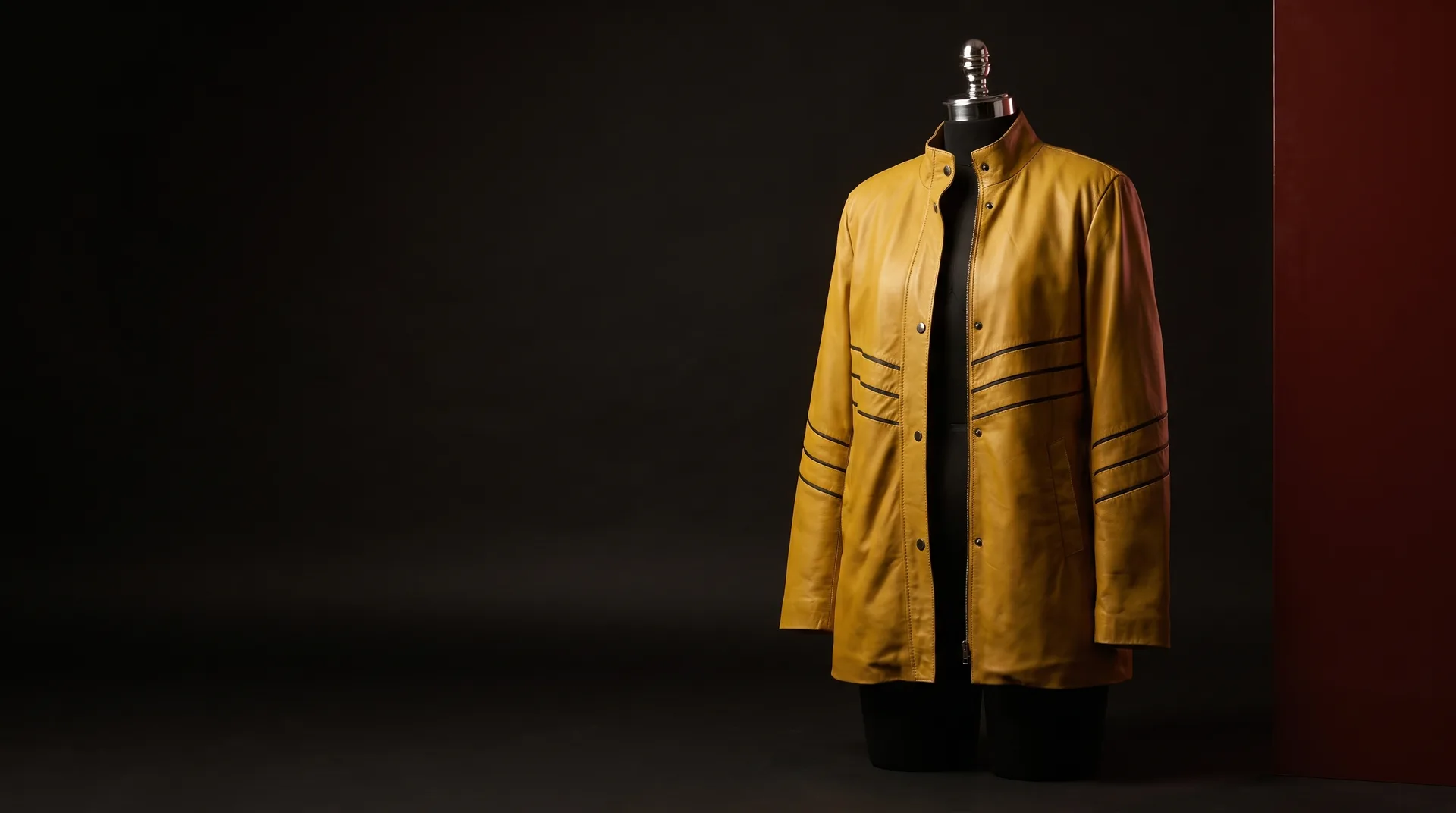 Mustard Yellow Panelled Stand-Collar Leather Coat, view 1