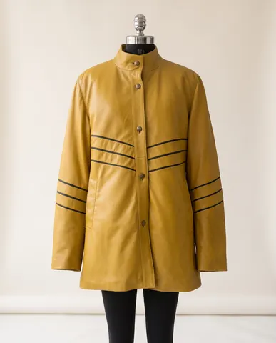 Mustard Yellow Panelled Stand-Collar Leather Coat