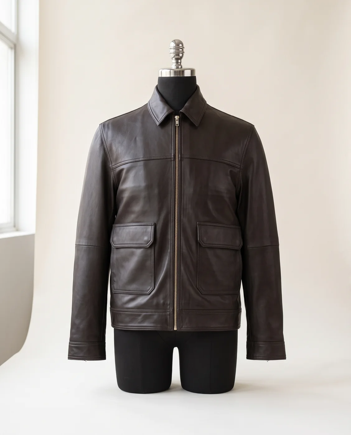 Dark Brown Zip-Front Leather Jacket