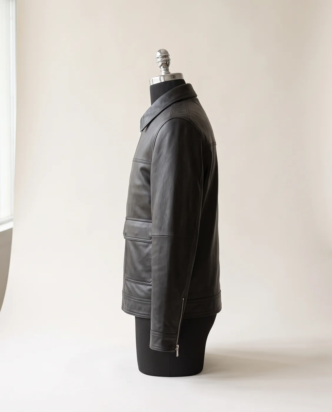 Dark Brown Zip-Front Leather Jacket, view