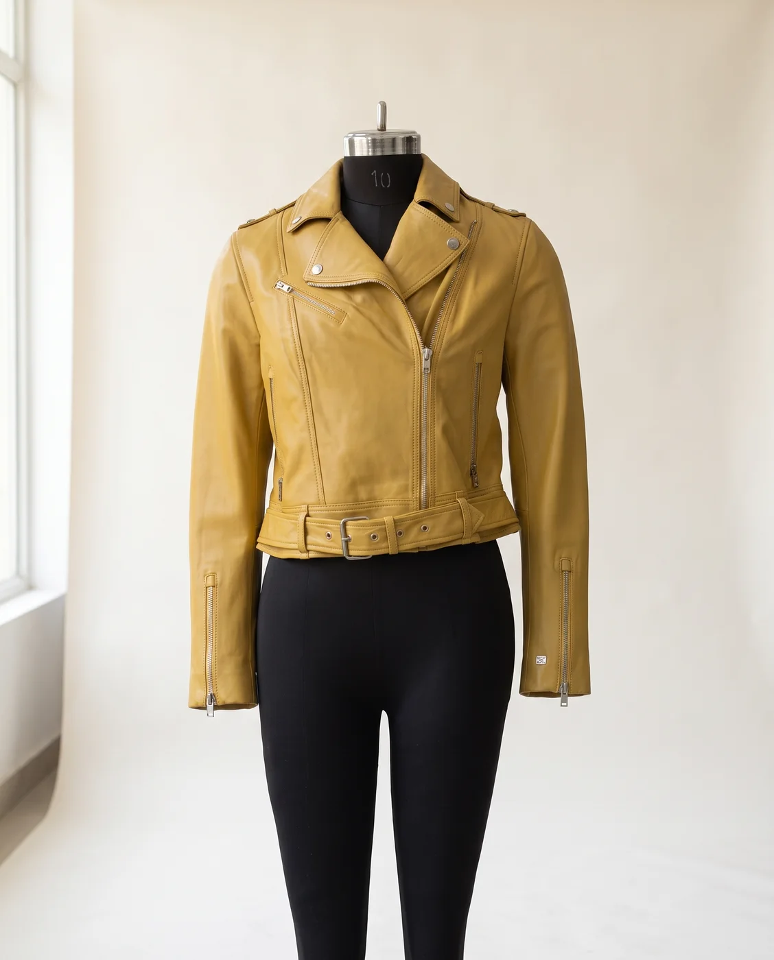 Yellow Cropped Leather Biker Jacket