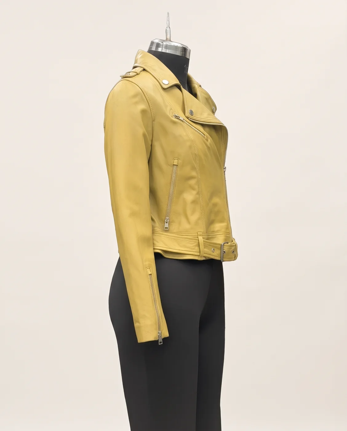Yellow Cropped Leather Biker Jacket, view
