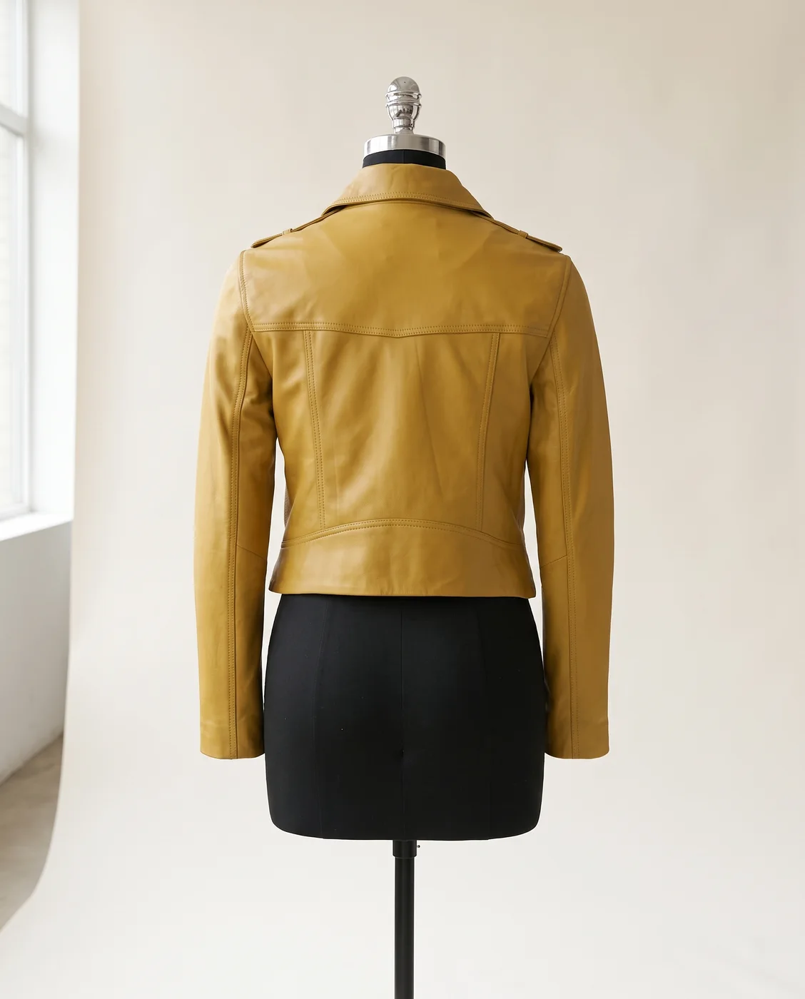 Yellow Cropped Leather Biker Jacket, view