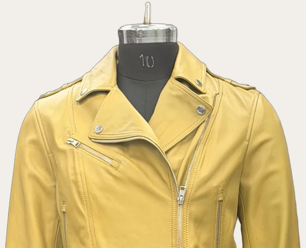 Yellow Cropped Leather Biker Jacket, view 2