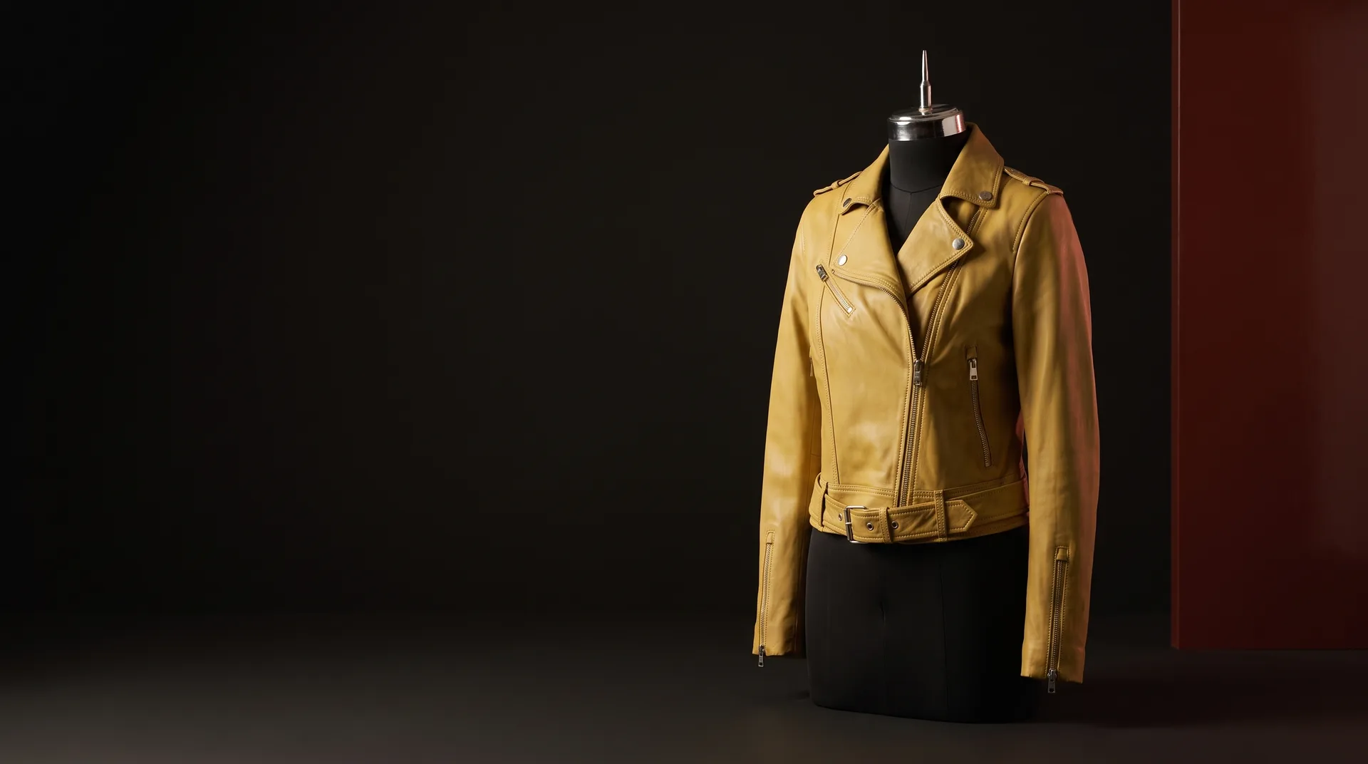 Yellow Cropped Leather Biker Jacket, view 1