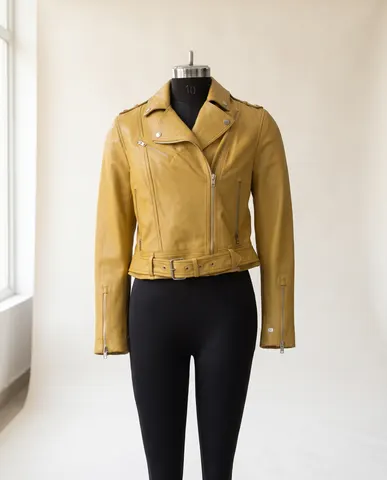 Yellow Cropped Leather Biker Jacket