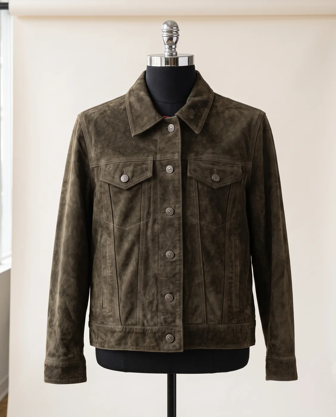 Olive Grey Suede Trucker Jacket, view