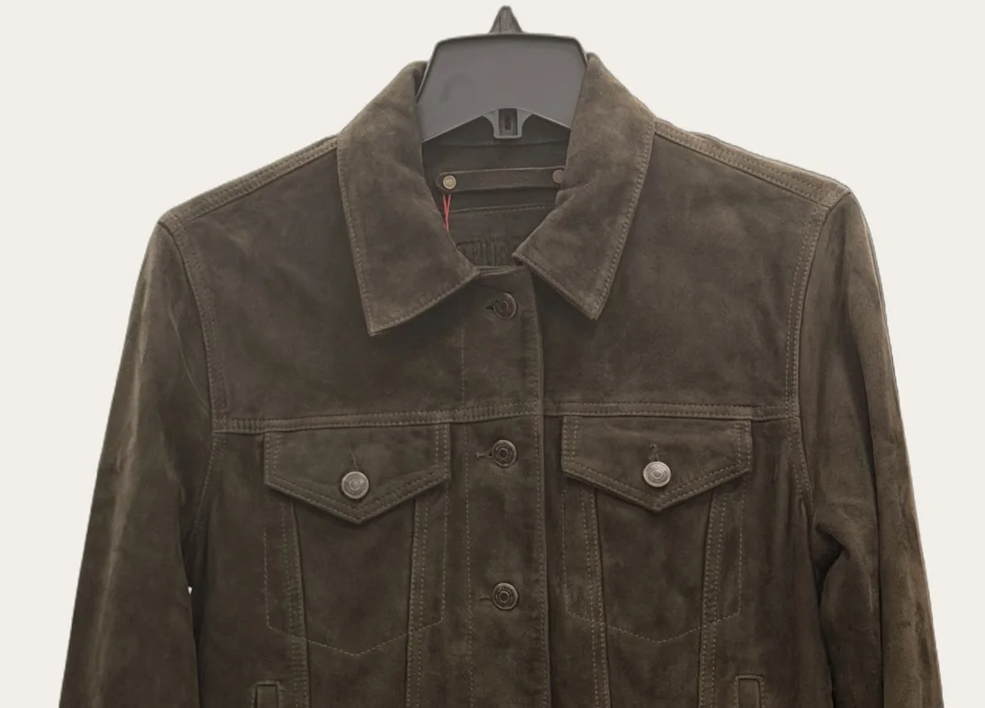 Olive Grey Suede Trucker Jacket, view