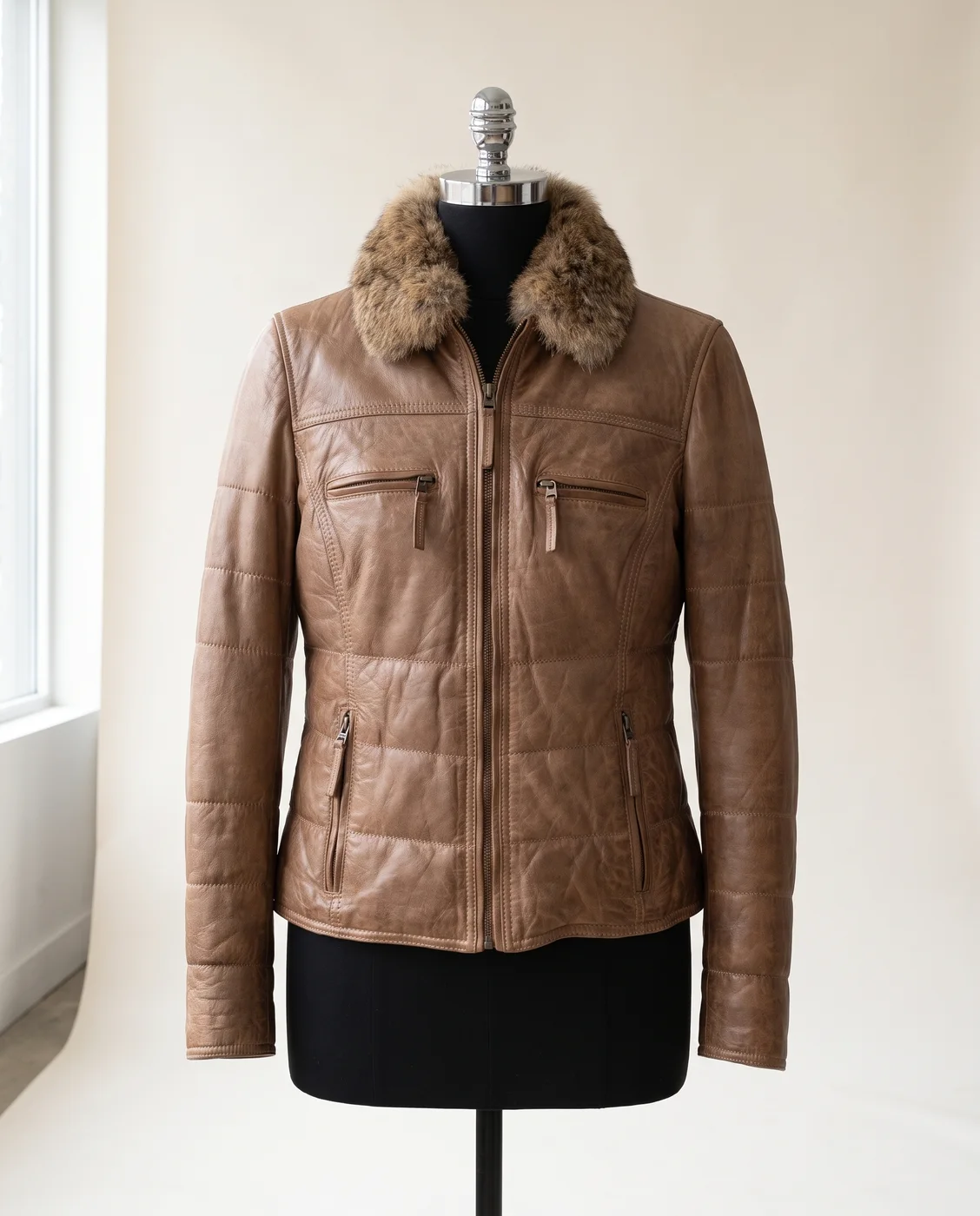 Taupe Shearling-Collar Quilted Leather Jacket