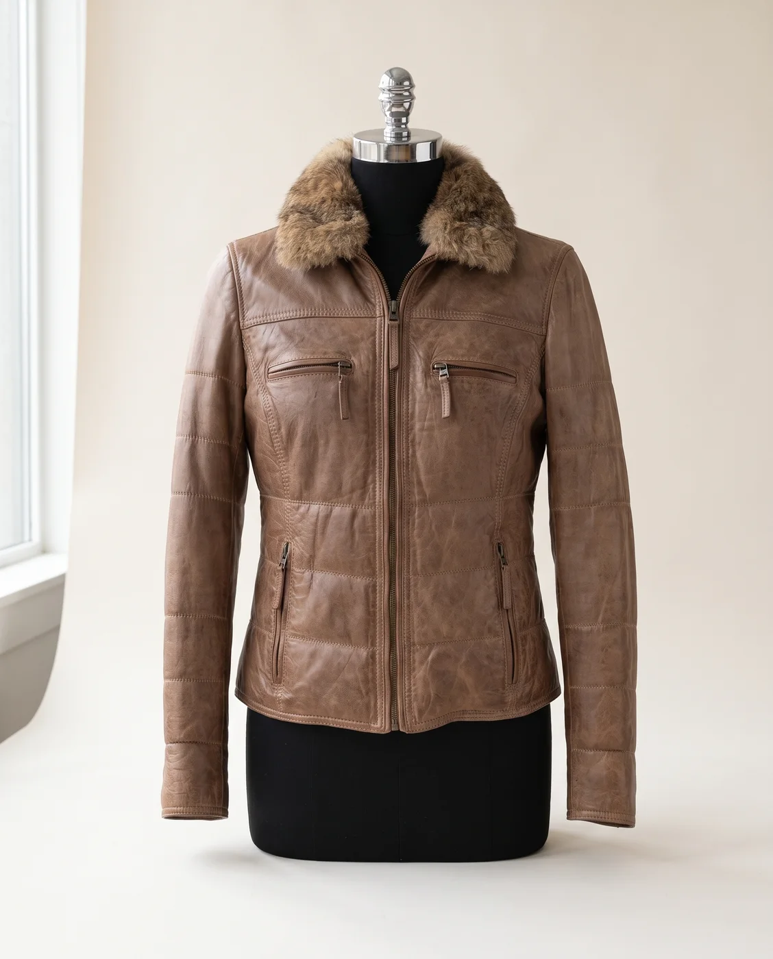 Taupe Shearling-Collar Quilted Leather Jacket, view