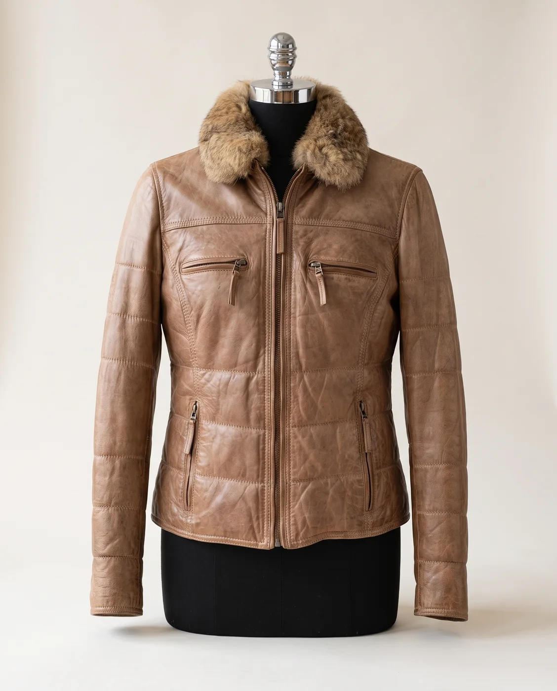 Taupe Shearling-Collar Quilted Leather Jacket, view