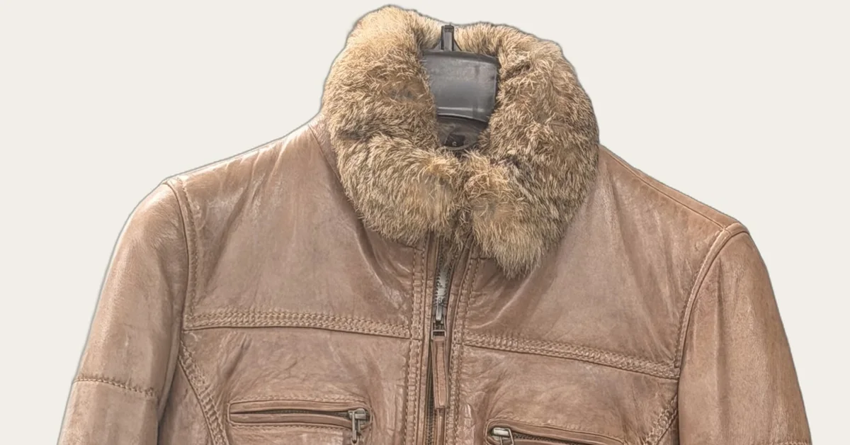 Taupe Shearling-Collar Quilted Leather Jacket, view 2