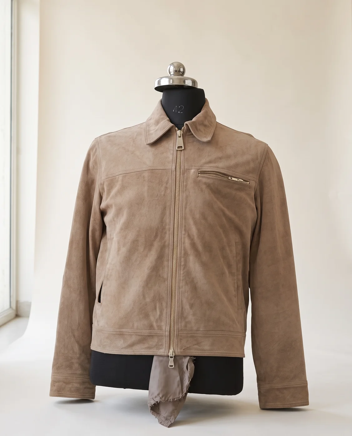 Beige Suede Zip Blouson Jacket