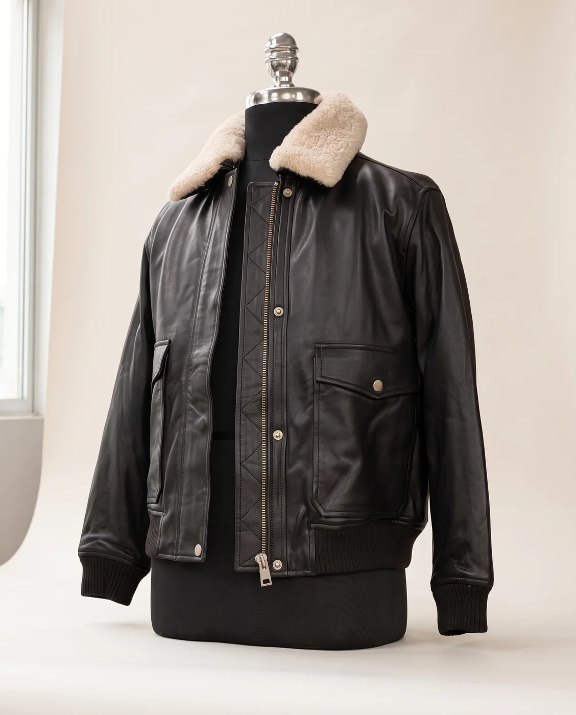 Black Shearling-Collar Leather Flight Jacket