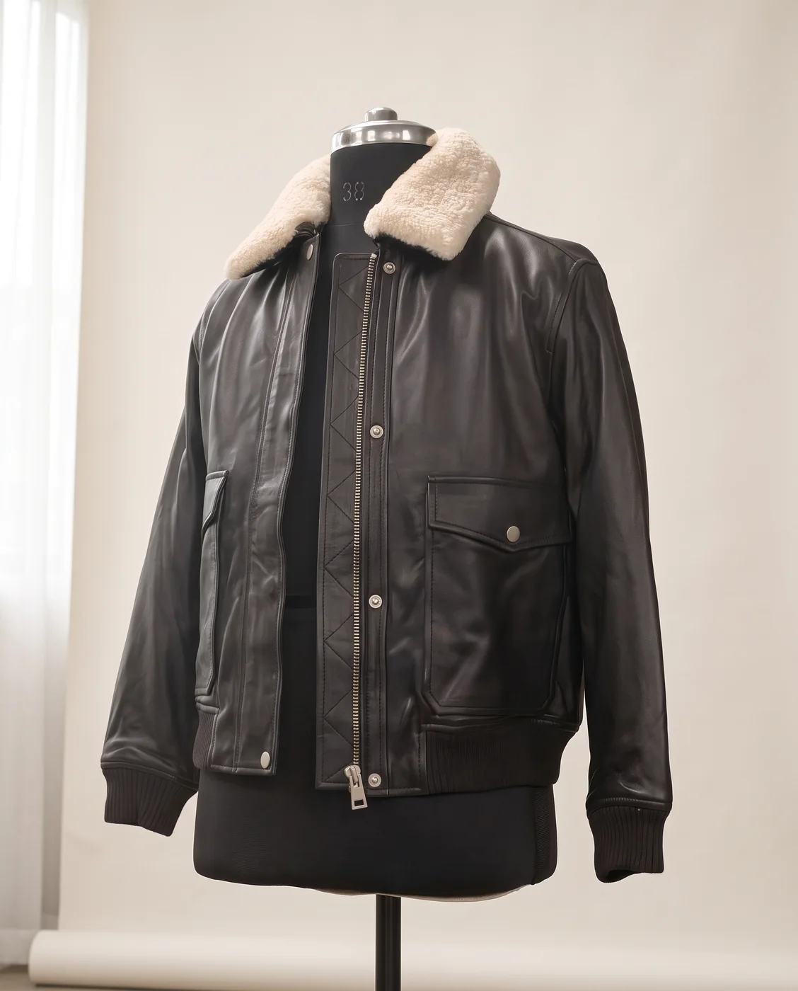 Black Shearling-Collar Leather Flight Jacket, view