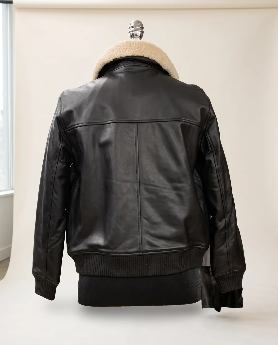 Black Shearling-Collar Leather Flight Jacket, view