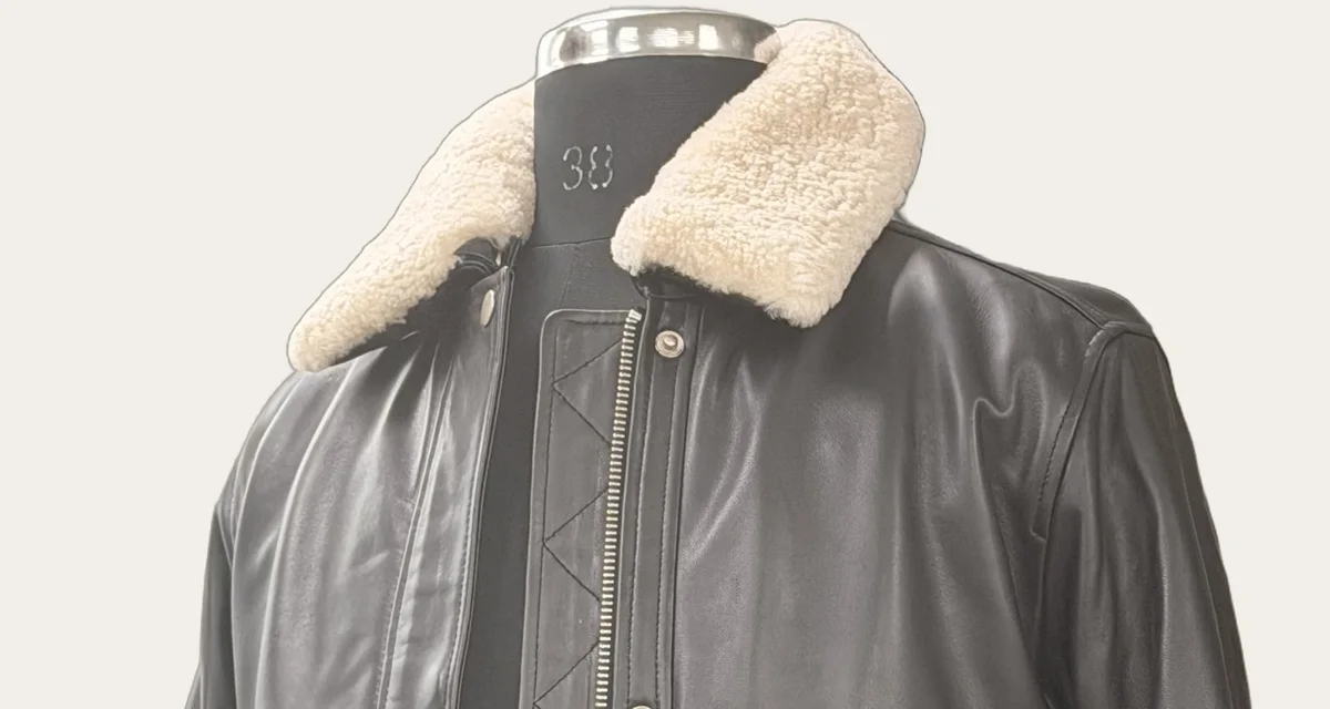 Black Shearling-Collar Leather Flight Jacket, view 2