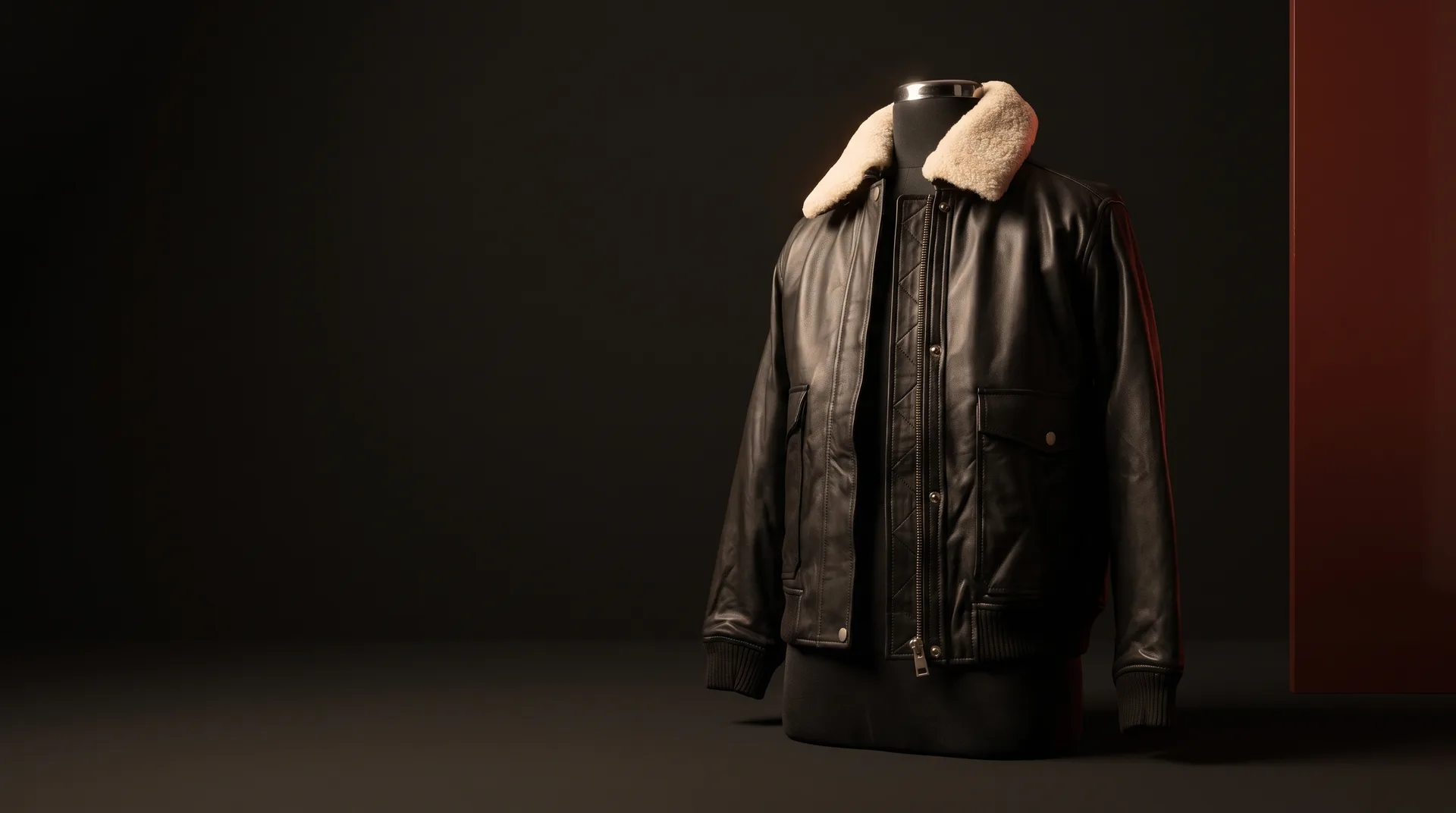 Black Shearling-Collar Leather Flight Jacket, view 1