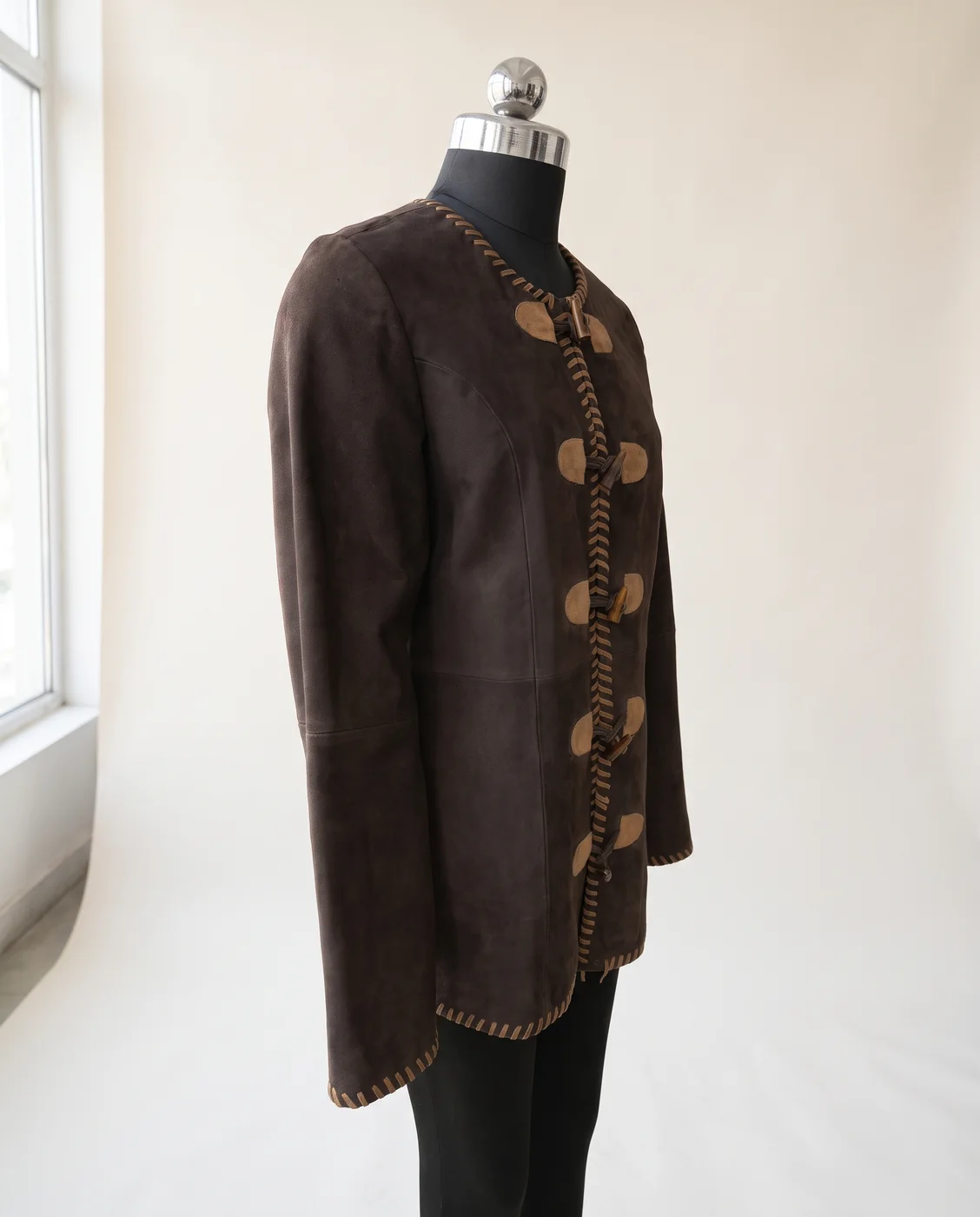 Brown Suede Toggle-Front Embroidered Coat, view