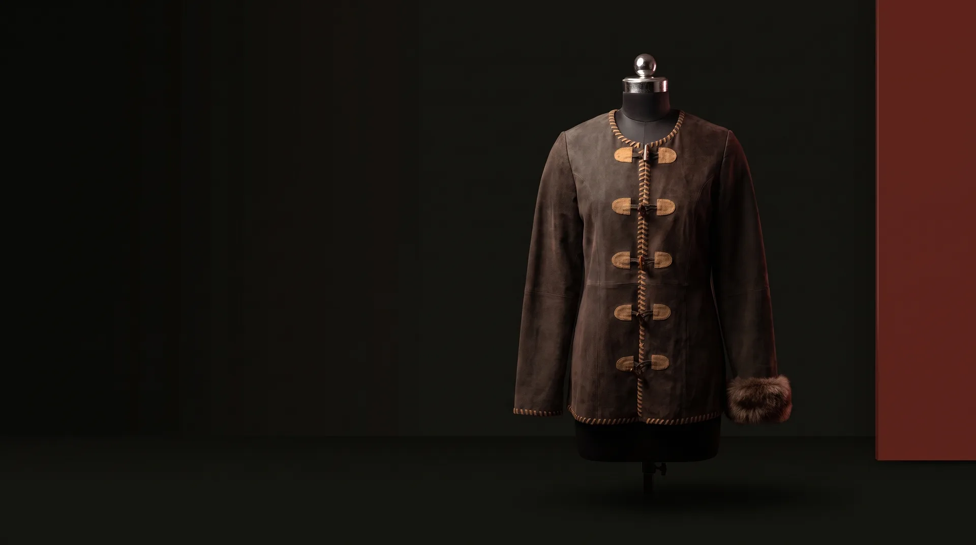 Brown Suede Toggle-Front Embroidered Coat, view 1