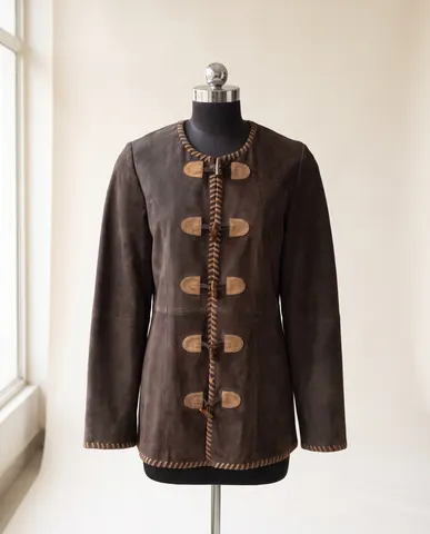 Brown Suede Toggle-Front Embroidered Coat