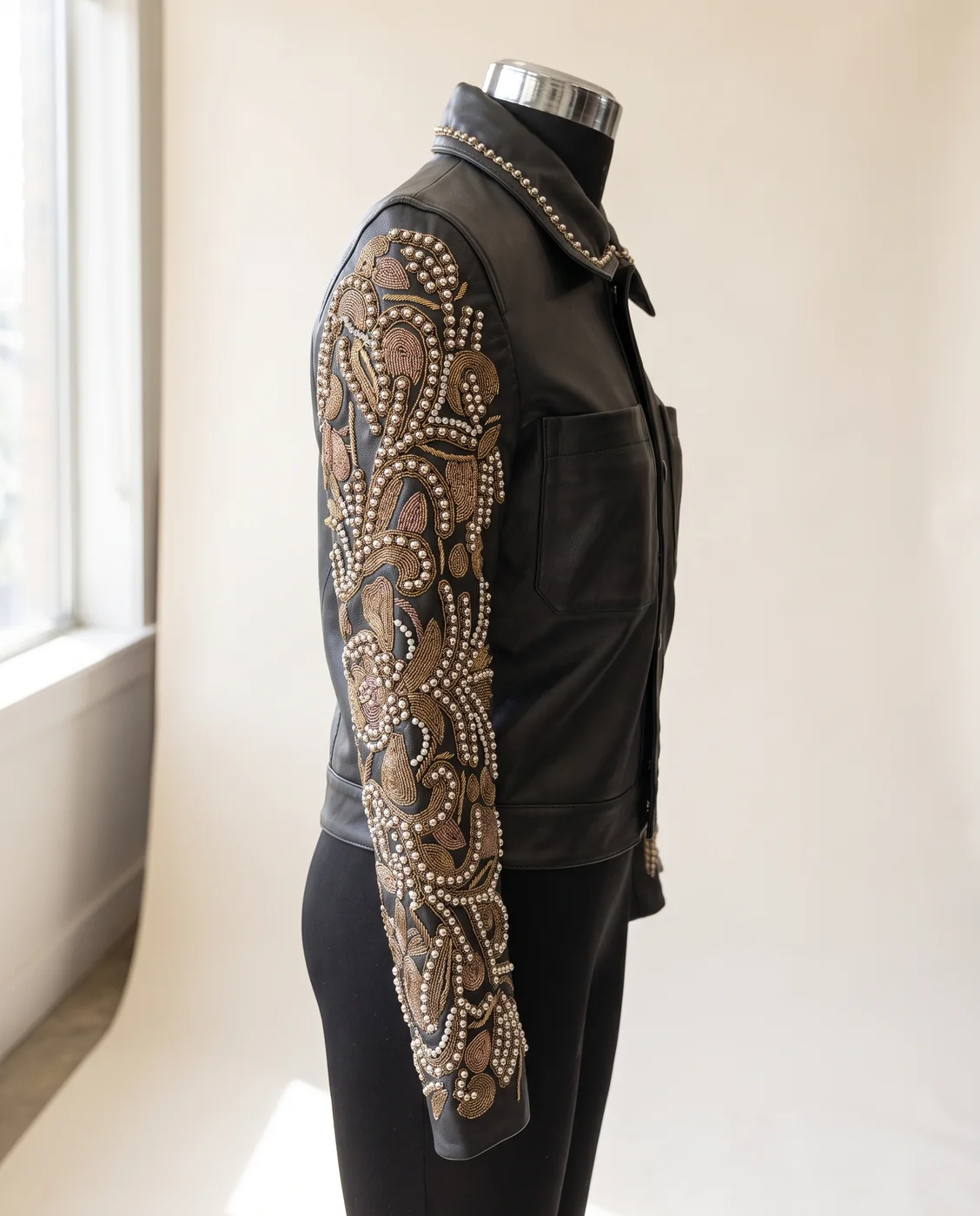 Black Leather Beaded-Sleeve Embellished Biker Jacket, view