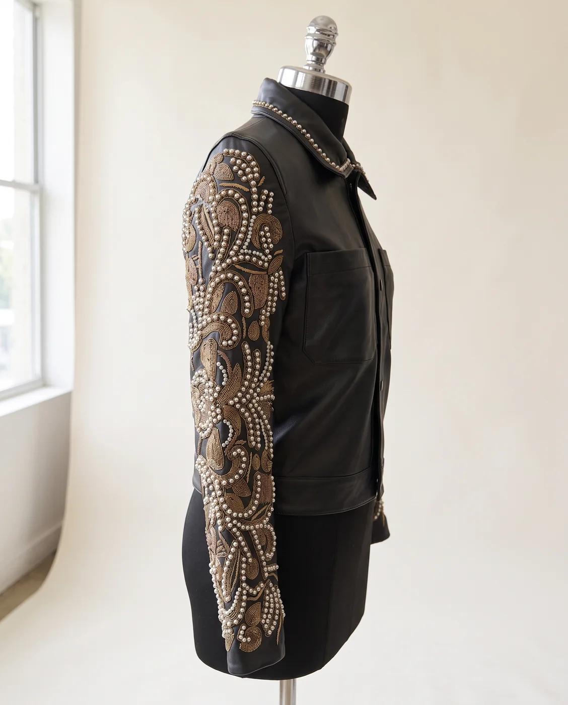 Black Leather Beaded-Sleeve Embellished Biker Jacket, view