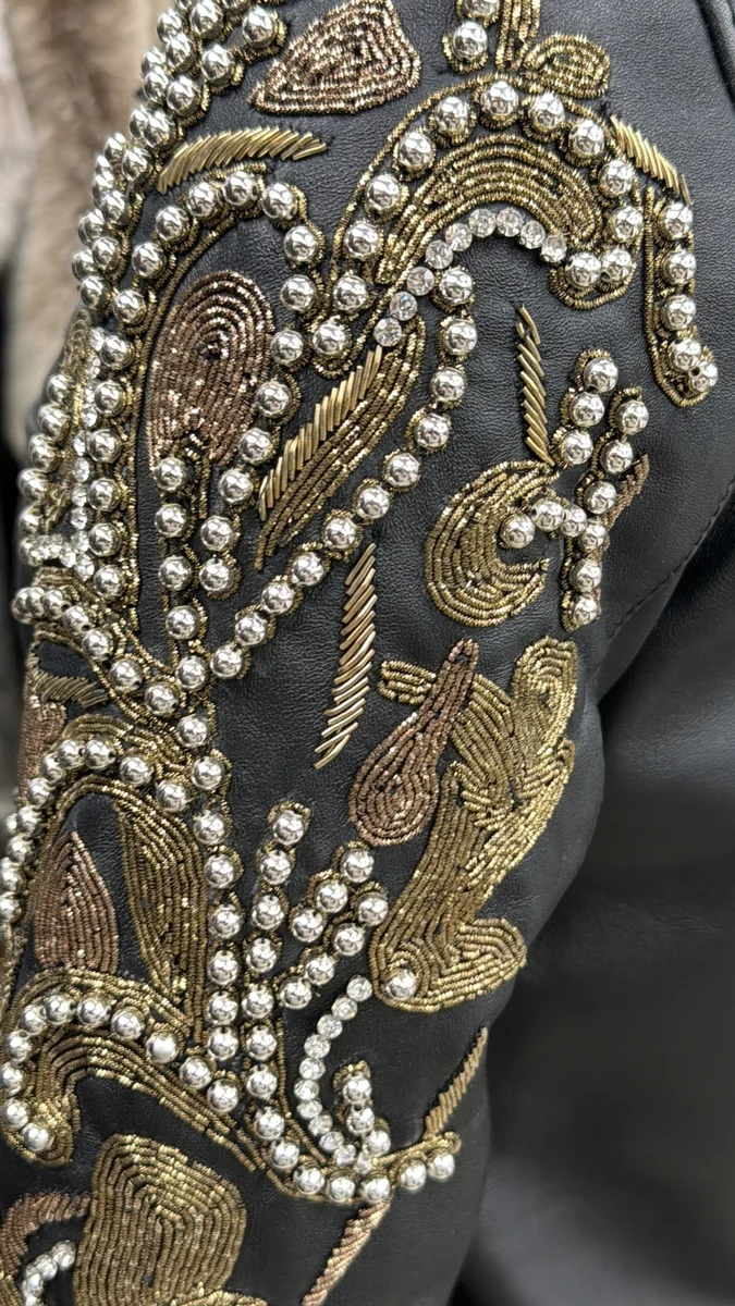 Black Leather Beaded-Sleeve Embellished Biker Jacket, view 2