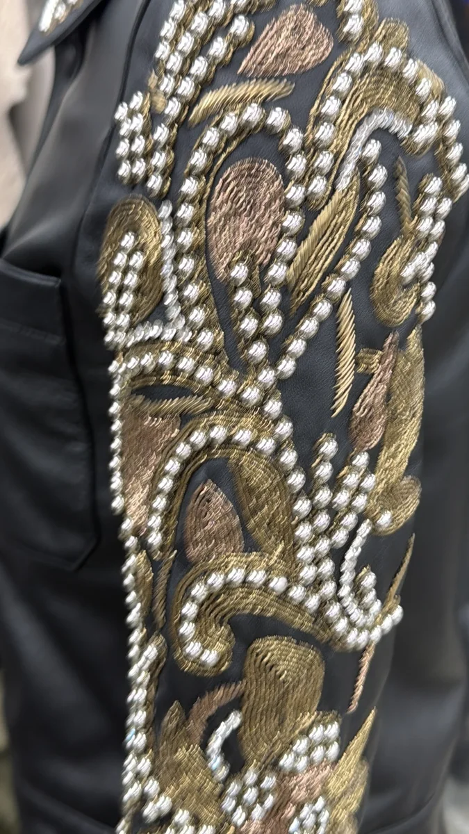 Black Leather Beaded-Sleeve Embellished Biker Jacket, view 1