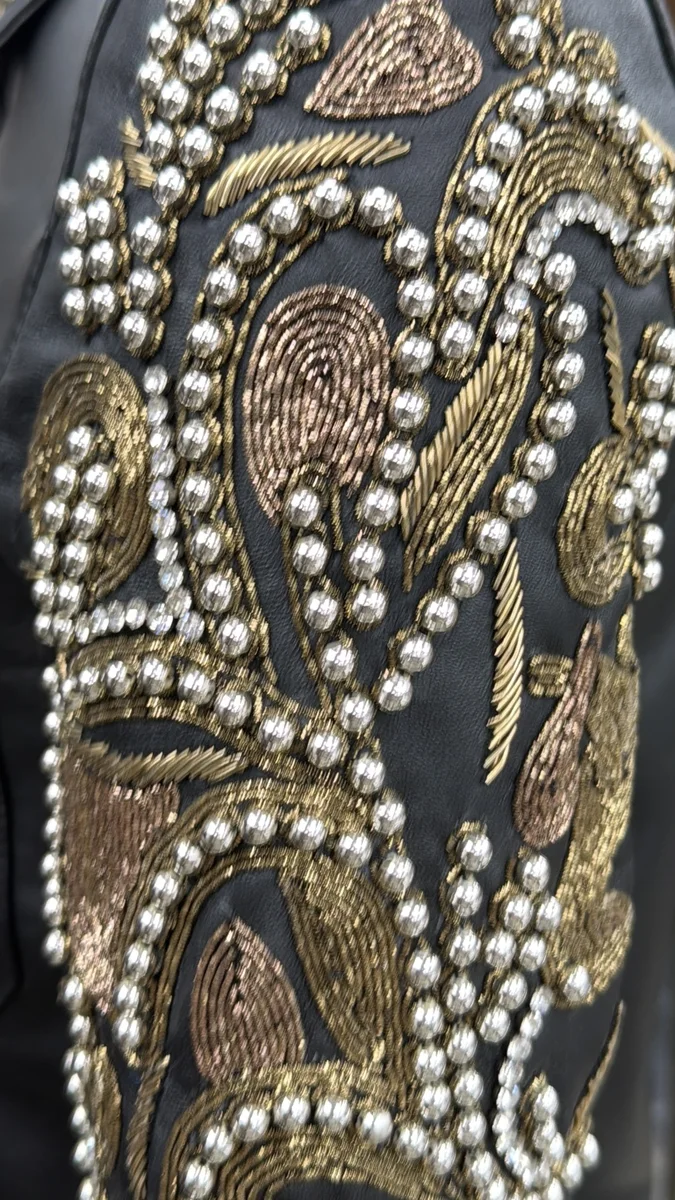 Black Leather Beaded-Sleeve Embellished Biker Jacket, view 2
