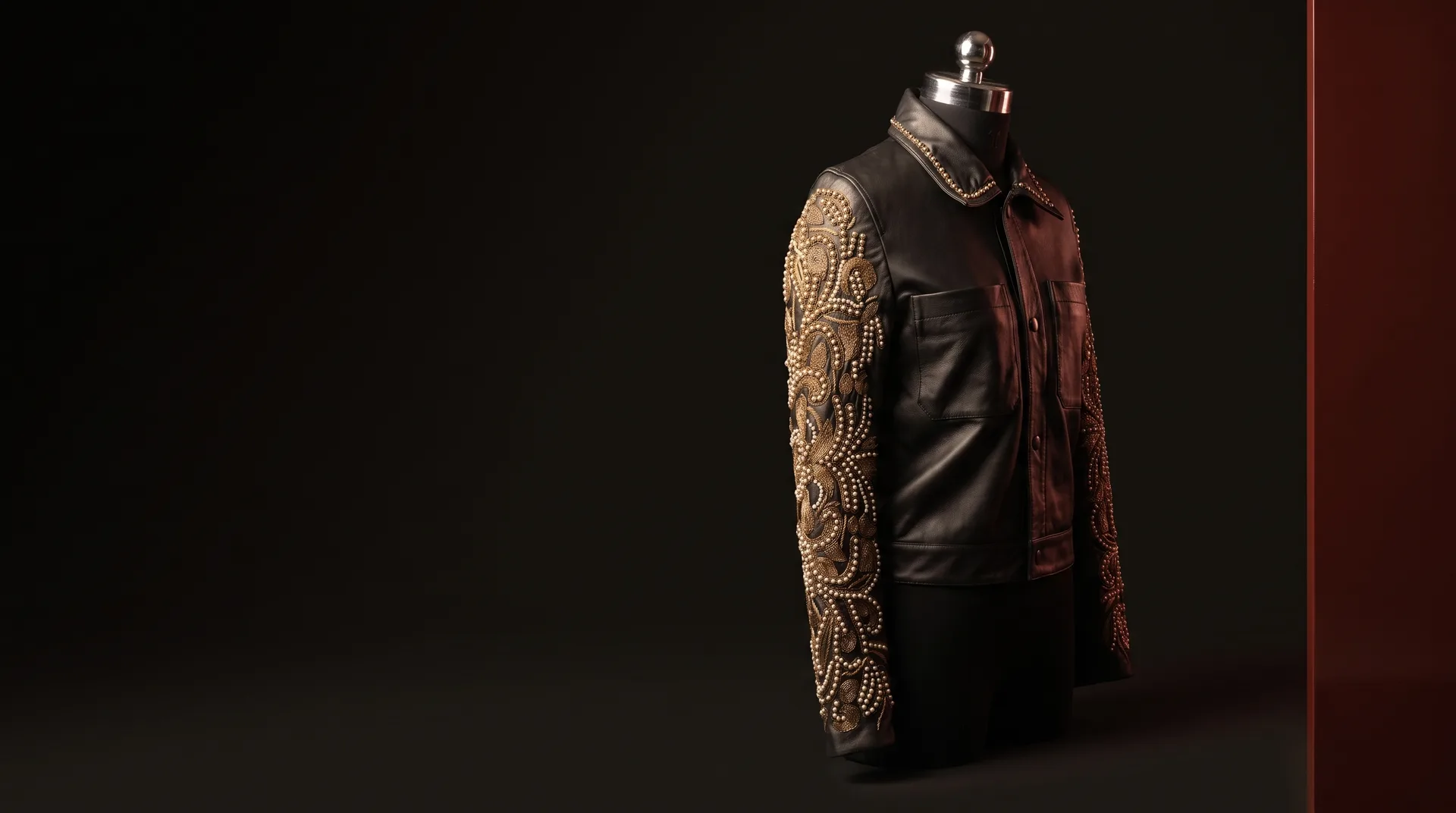 Black Leather Beaded-Sleeve Embellished Biker Jacket, view 1
