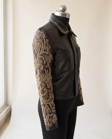 Black Leather Beaded-Sleeve Embellished Biker Jacket