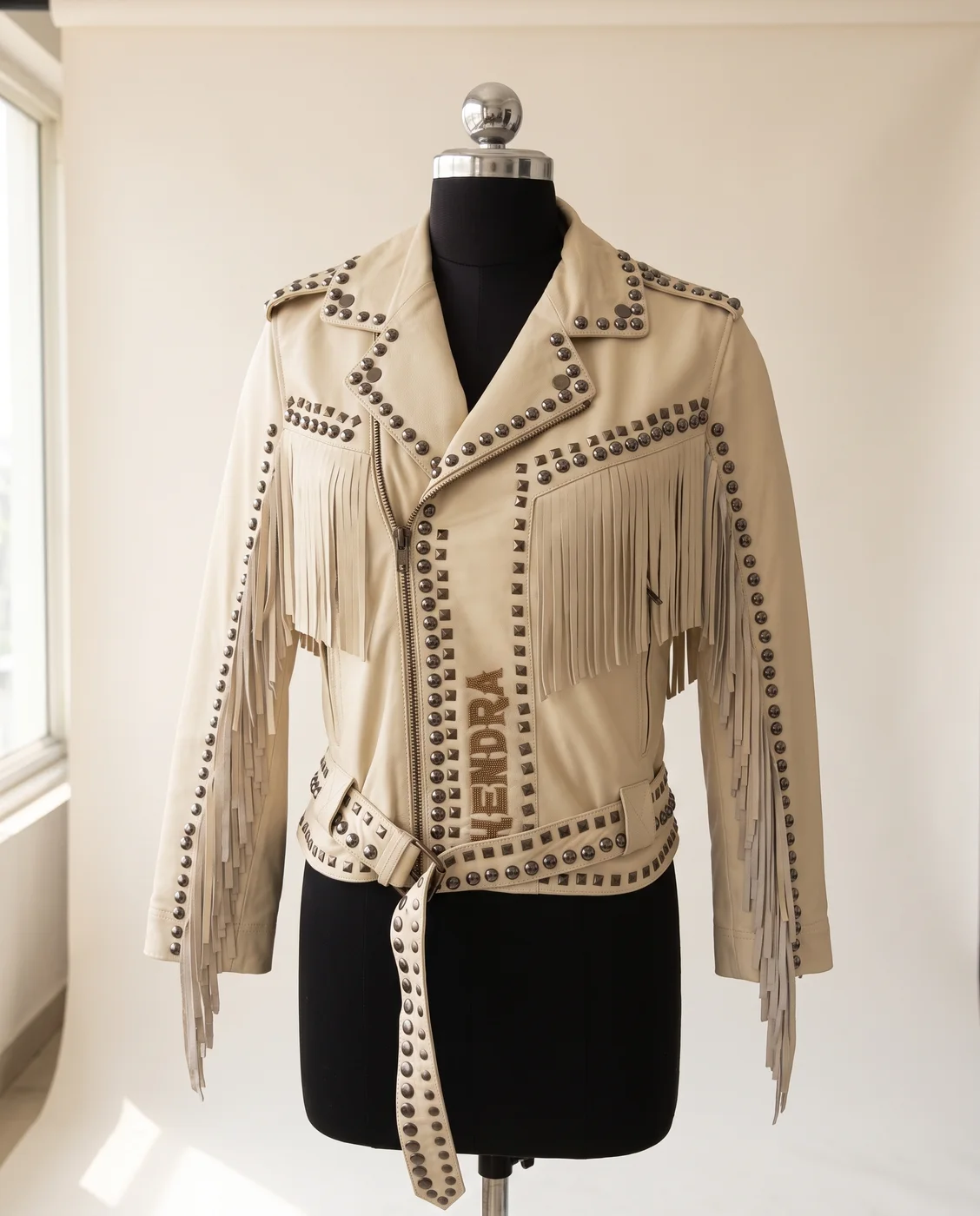 Cream Studded Fringe Western Jacket
