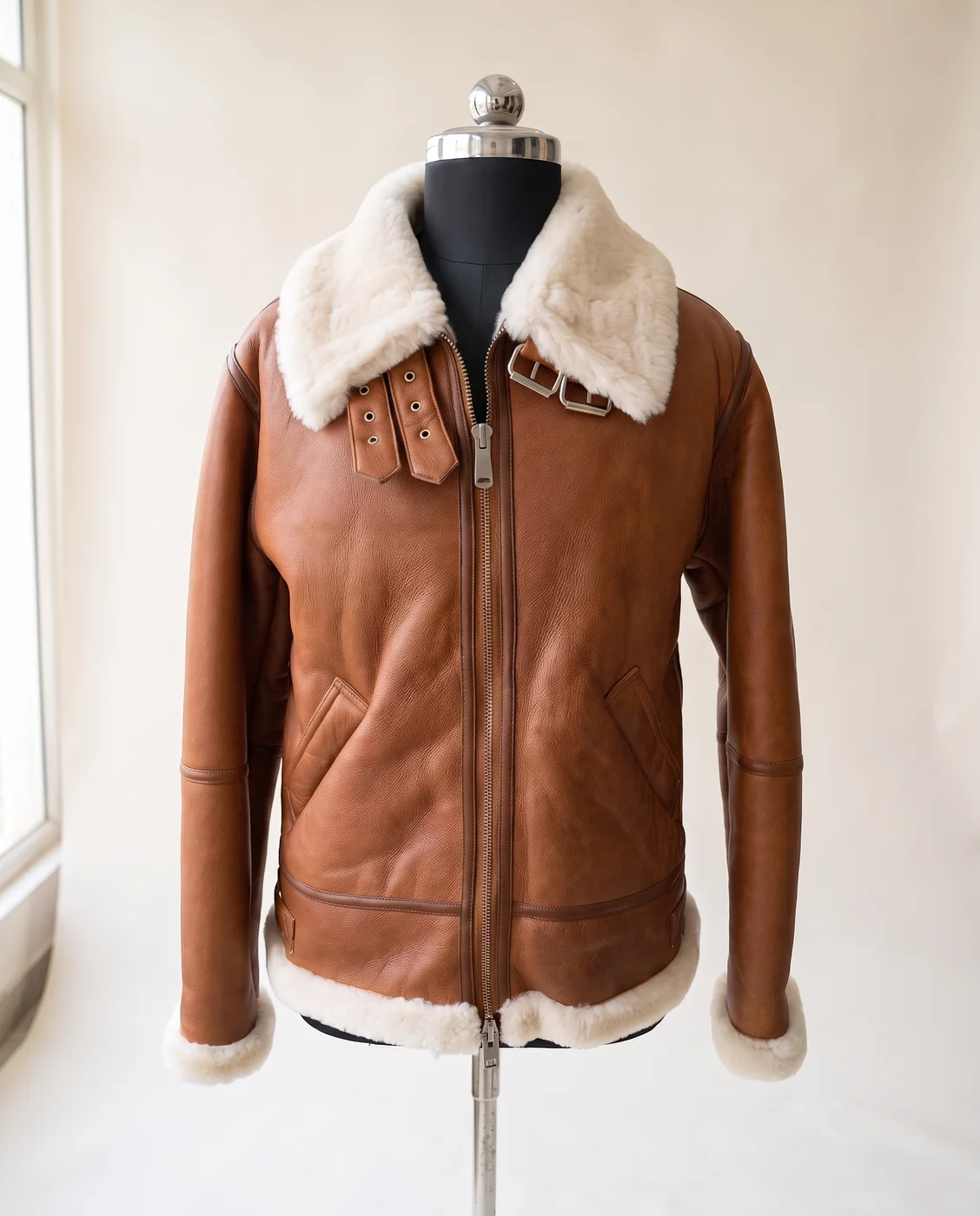 Tan Shearling-Lined Aviator Jacket