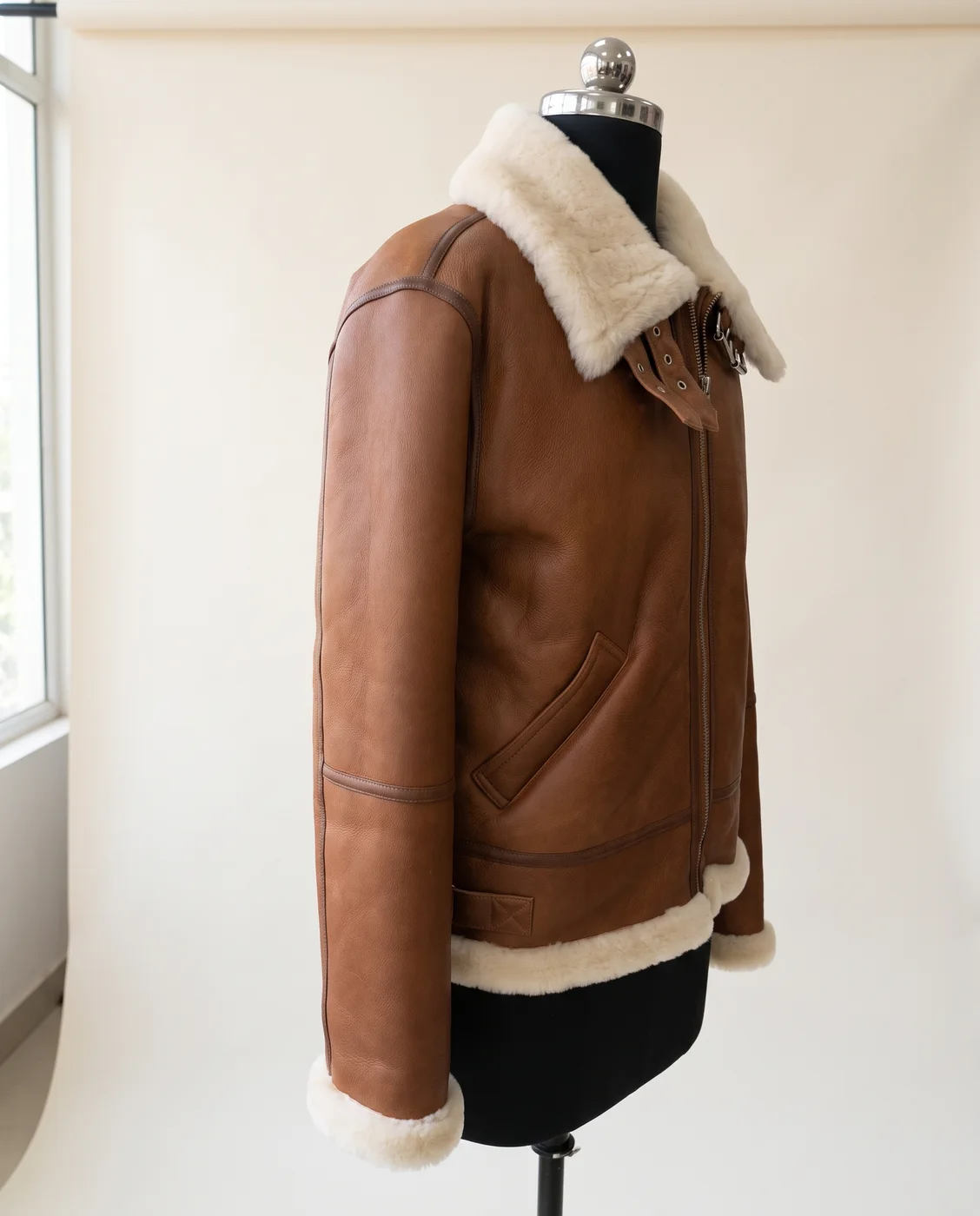 Tan Shearling-Lined Aviator Jacket, view