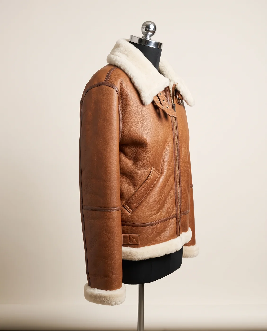 Tan Shearling-Lined Aviator Jacket, view