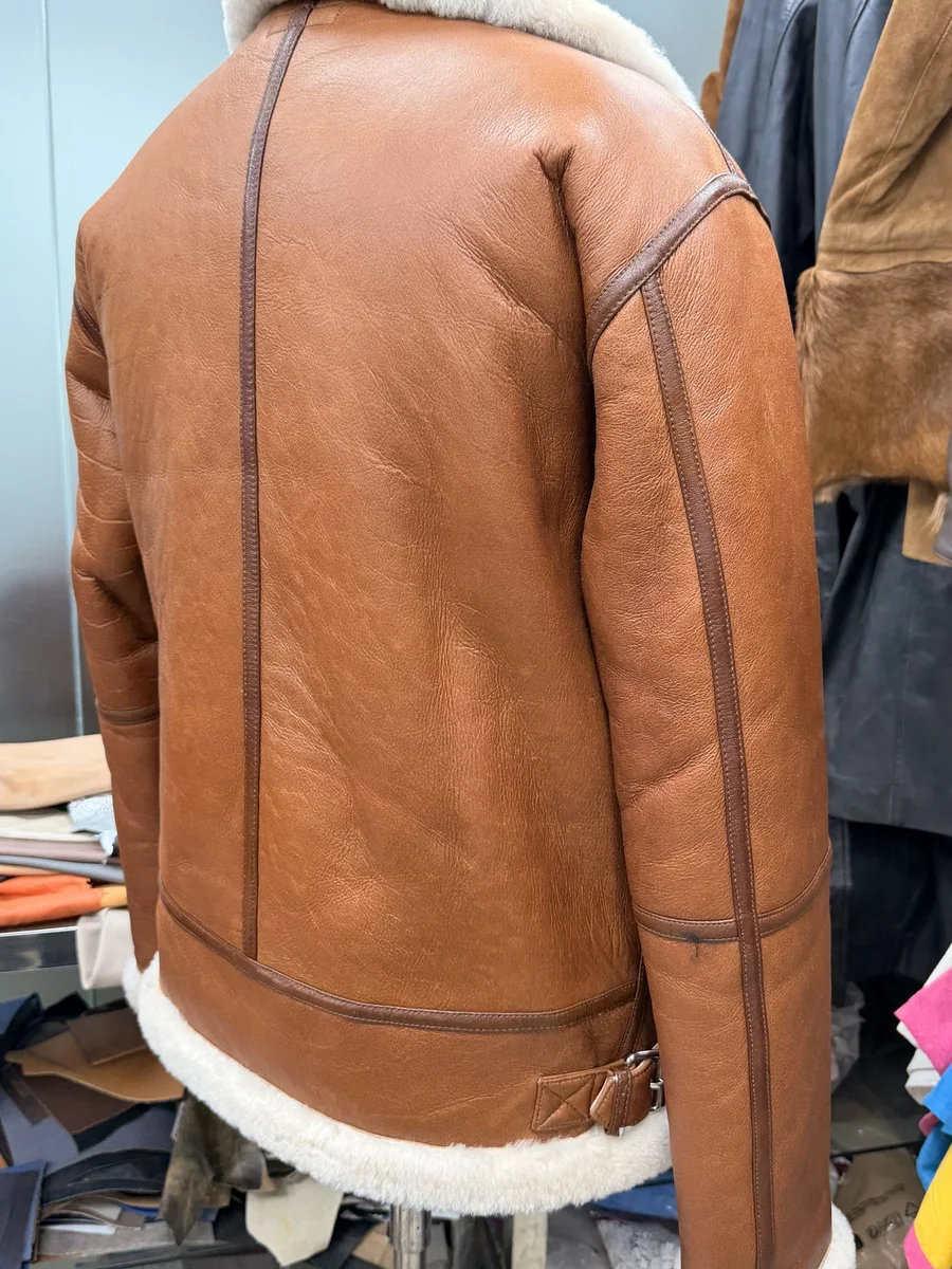 Tan Shearling-Lined Aviator Jacket, view 2
