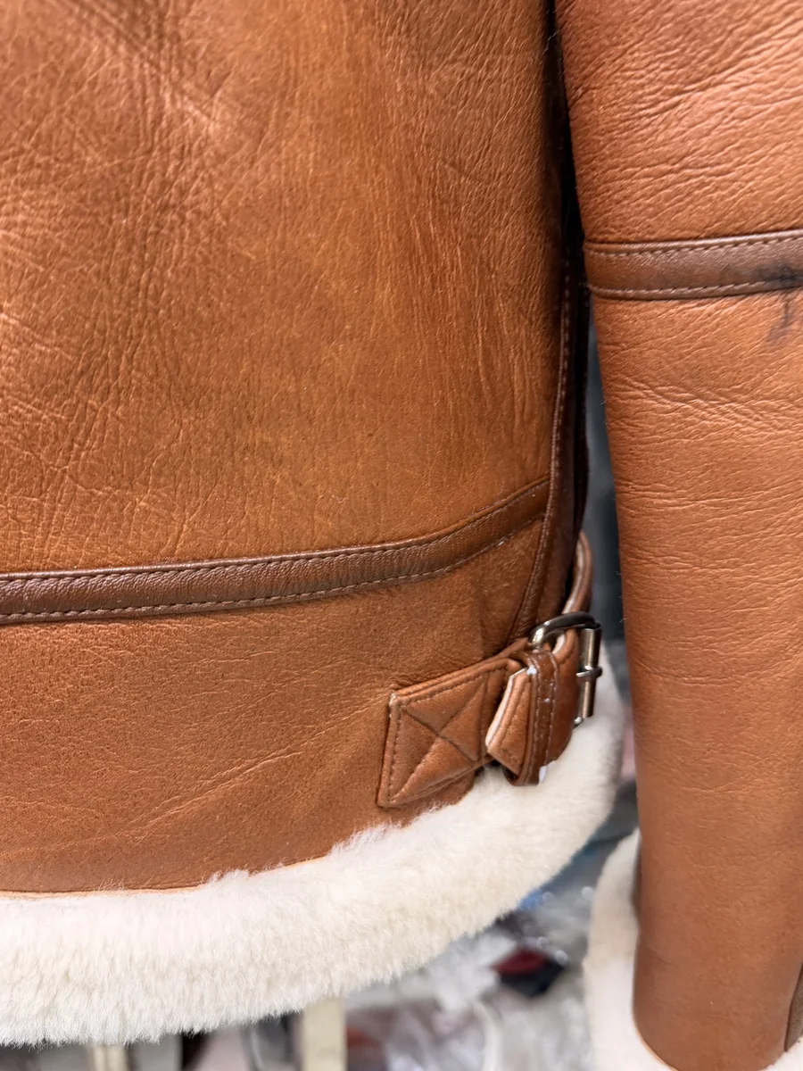 Tan Shearling-Lined Aviator Jacket, view 3