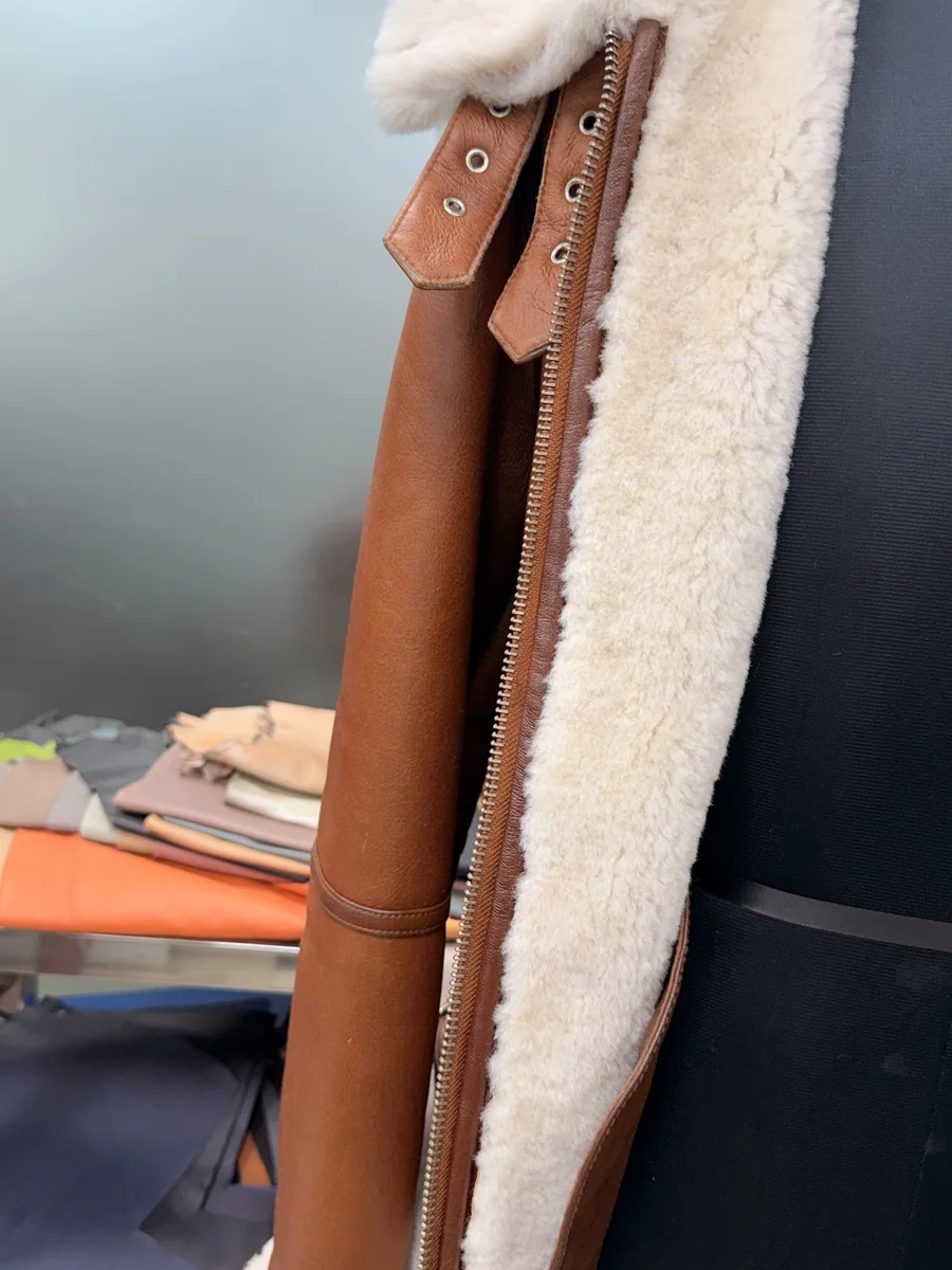 Tan Shearling-Lined Aviator Jacket, view 1