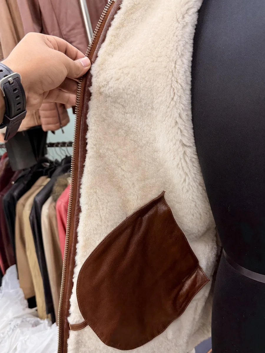Tan Shearling-Lined Aviator Jacket, view 2