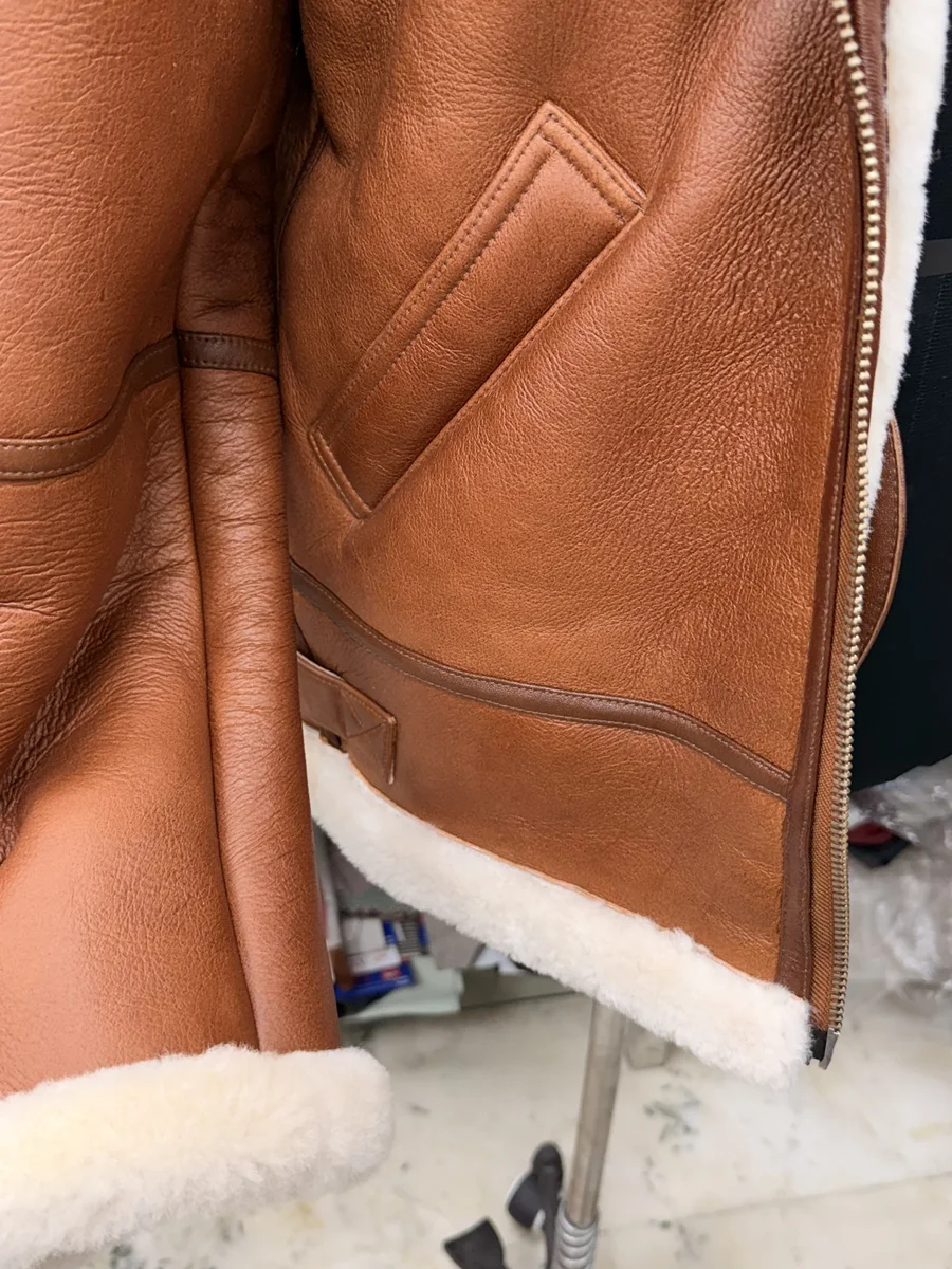 Tan Shearling-Lined Aviator Jacket, view 3