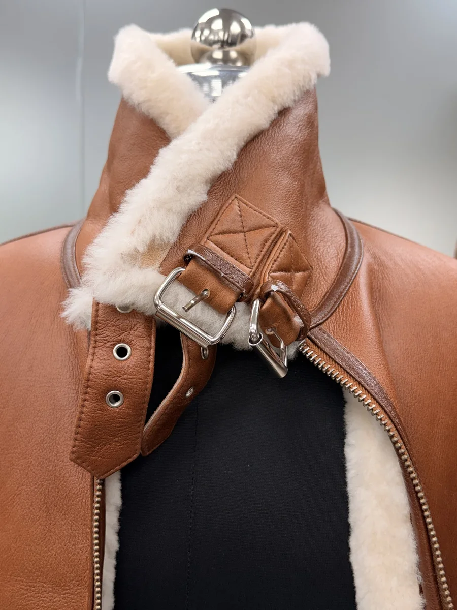 Tan Shearling-Lined Aviator Jacket, view 1